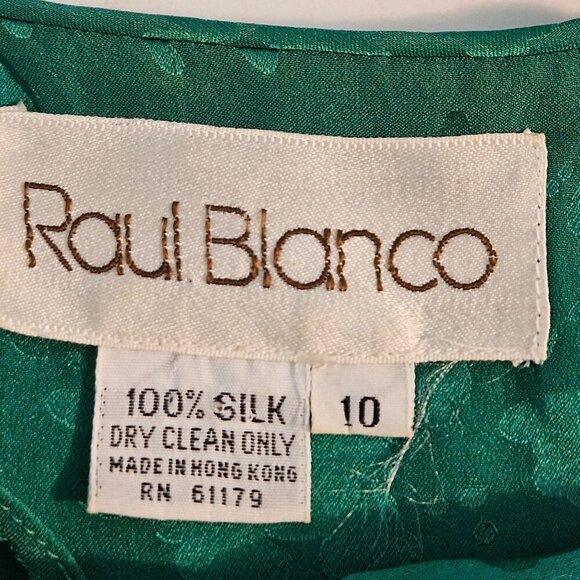 Raul Blanco Emerald Green Silk Blouse Size 10, Puff Sleeves Vintage Y2K Retro - Picture 4 of 7